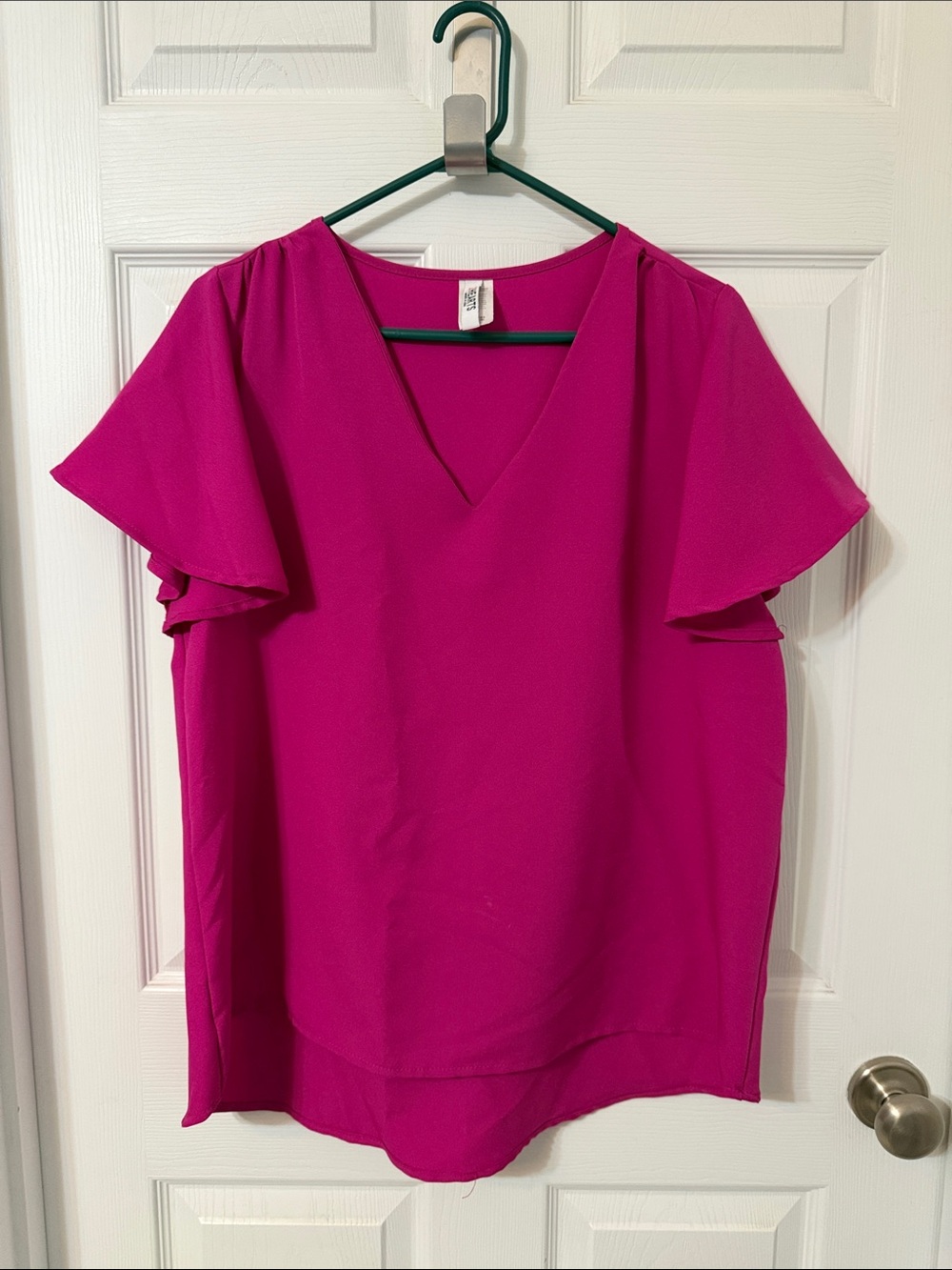 V-Neck Flutter Sleeve Blouse in Bright Pink
